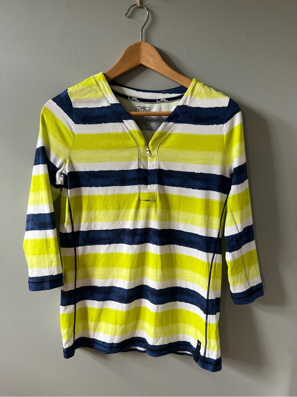 Ralph Lauren Striped V-Neck quarter zip Top in Yellow, Navy & White